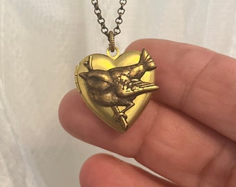 Vintage Brass Heart Locket with Sparrow Cottage Jewelry You Choose Chain Length Photo Locket Jewelry Necklace Romantic Bird Locket