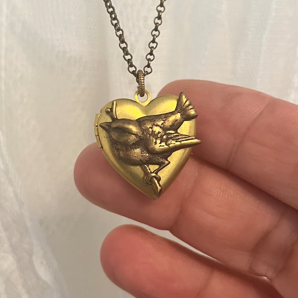 Vintage Brass Heart Locket with Sparrow Cottage Jewelry You Choose Chain Length Photo Locket Jewelry Necklace Romantic Bird Locket