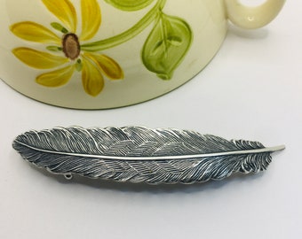 Large Silver Ornate Hair Clip Sterling Plated with Authentic French Hair Barrette Feather Hair Pin Statement Hair Accessory