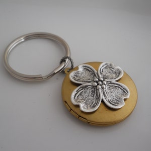 Dogwood Keychain Locket Flower Charm Locket Gardeners Gift Mixed Metal Silver and Brass Garden Memories Keepsake