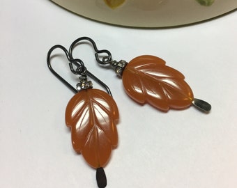 Handmade Leaf Earrings with Glass Rhinestone Spacer Beads Butterscotch Dangle Jewelry Vintage Leaf Beads Lucite