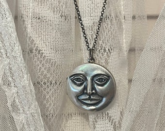 Silver Man in the Moon Locket Necklace or Keychain Celestial Jewelry Sterling Plated Silver on Vintage Locket You Choose Chain Length