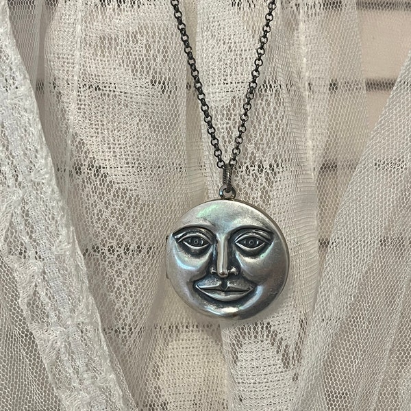 Silver Man in the Moon Locket Necklace or Keychain Celestial Jewelry Sterling Plated Silver on Vintage Locket You Choose Chain Length