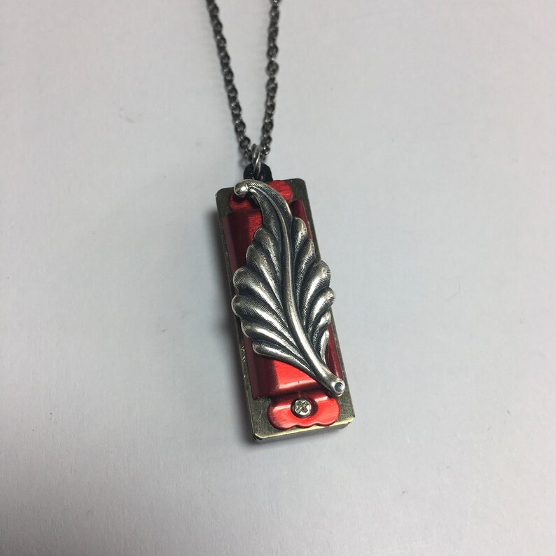 Harmonica Necklace with Silver Embossed Leaf Handmade One of a Kind Musical Instrument Jewelry Unique Pendant Working Harmonica Dark Red