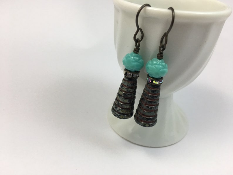 Czech Glass Bead Earrings Molded Glass Beads Rhinestone Spacer Dangle Drop Artisan Handmade Jewelry Boho