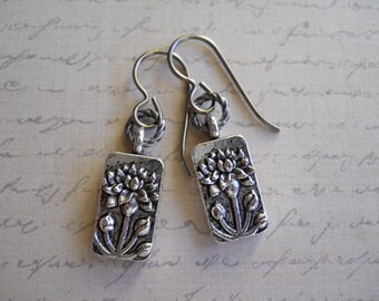 Tiny Lotus Earrings Embossed Silver Metal Rectangle OM Jewelry Yoga on Niobium Rounded Ear Wires Simple Everyday Jewellry