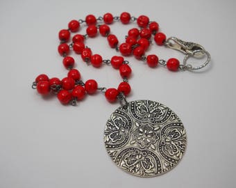 Beaded Handmade Necklace with Red Vintage Beads Silver Medallion Pendant Embossed Metal Handmade Chain Statement Necklace Dark Silver OOAK
