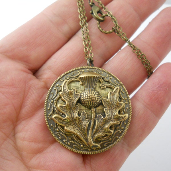 Brass Thistle Locket Scotland Scottish Flower Jewelry Layered Filigree Travel Memories of the Scottish Isle Outlander