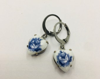 Small Vintage Ceramic Hearts Blue and White with Roses Set in Silver Open Back Settings Rounded Hoop Lever Back Ear Wires Dainty Love Gift