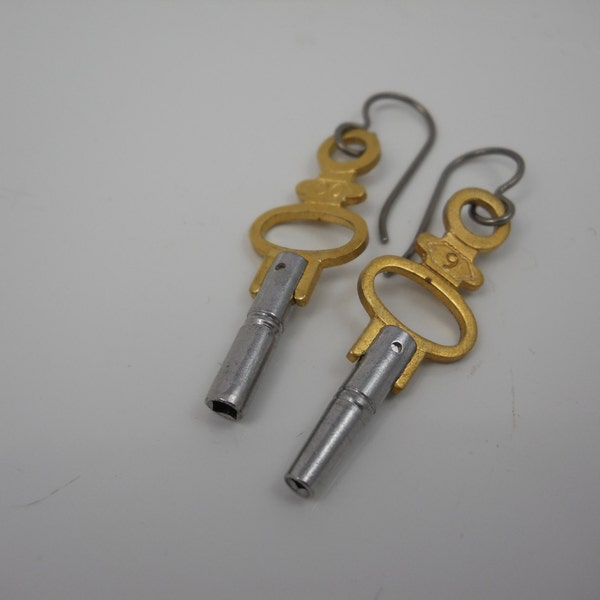 Earrings Authentic Keys Small Silver and Brass Watch Keys Dangle Earring Small Watch Parts Real Vintage Keys