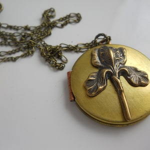 May include: A gold locket necklace with a detailed brass iris flower design. The chain is made of a thin, linked metal.