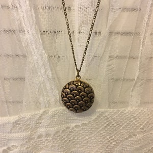 Ornate Brass Locket Necklace: Mermaid Dragon Scale Domed Pendant