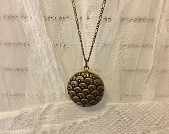 Ornate Brass LOCKET Mermaid Scale Dragon Scale Solid Brass Domed Women's Necklace with Fancy Figaro Chain You Choose Length Unique Locket