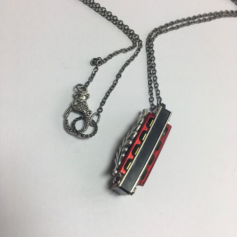 Harmonica Necklace with Silver Embossed Leaf Handmade One of a Kind Musical Instrument Jewelry Unique Pendant Working Harmonica Dark Red