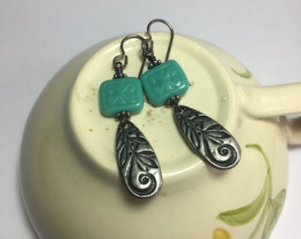 Dangle Earrings with Czech Glass Square Turquoise Blue Beads and Embossed Silver Tear Drop Charms Handmade Unique Every Day Earrings Boho