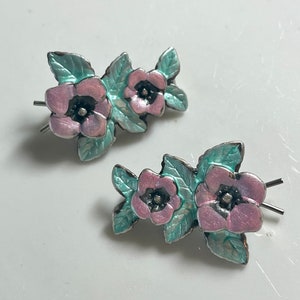 Beautiful Vintage Barrettes Painted Enamel on Metal 1970&#39;s One of a Kind Up Cycled Repurposed Pair of Unique Handmade Barrettes