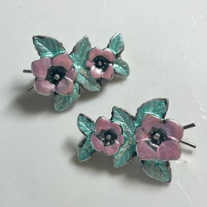 Beautiful Vintage Barrettes Painted Enamel on Metal 1970's One of a Kind Up Cycled Repurposed Pair of Unique Handmade Barrettes image 1