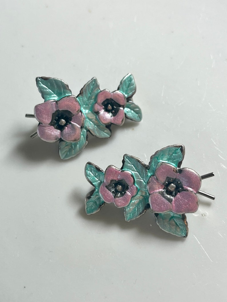 Beautiful Vintage Barrettes Painted Enamel on Metal 1970's One of a Kind Up Cycled Repurposed Pair of Unique Handmade Barrettes image 1