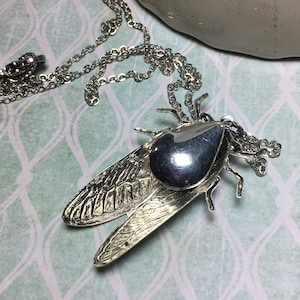 Hidden Locket Necklace CICADA Large Secret Compartment Bug Entomology Beetle Winged Insect SILVER Bug Locket Unique image 3