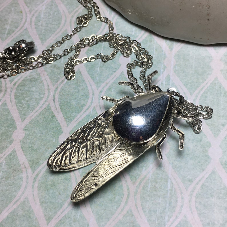 Hidden Locket Necklace CICADA Large Secret Compartment Bug Entomology Beetle Winged Insect SILVER Bug Locket Unique image 3