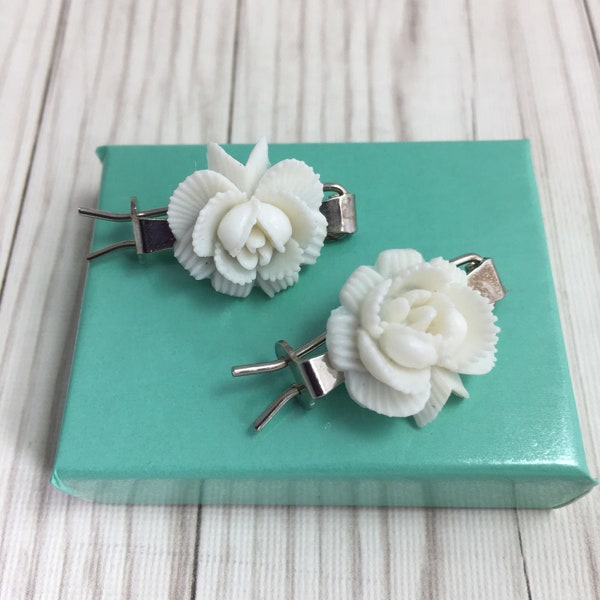 Small Silver Carved Rose Barrettes Dainty Hair Pins Hair Clips Vintage 1950's Barrette Part Unique Hair Accessory Made in Japan Soft White