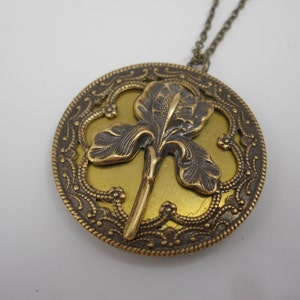 May include: A gold-toned pendant necklace with a round, ornate frame featuring a detailed, raised iris flower design.