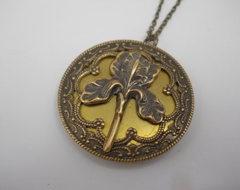 Iris Locket Necklace: Brass Floral Photo Keeper, Gardener Gift
