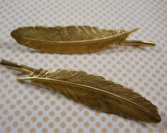 Feather Bobby Pins Gold Brass Hair Clips Nature Organic Woodland Accessory Feather Charms on Gold Metal Bobby Pins Golden Feather Clips