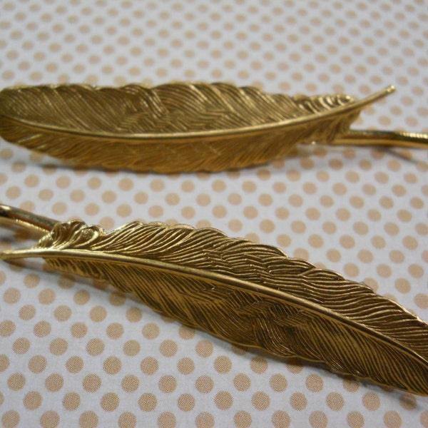 Feather Bobby Pins Gold Brass Hair Clips Nature Organic Woodland Accessory Feather Charms on Gold Metal Bobby Pins Golden Feather Clips
