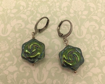 Iridescent Green Glass Flower Earrings: Stainless Steel Lever Back Hoops