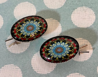 One of a Kind Barrettes Small Silver Solid Metal Hair Clips with Glass Mosaic Mandala Style Vintage Barrettes