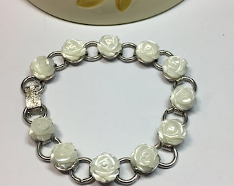 Carved Shell Flower Bracelet Women's Jewelry One of a Kind Handmade Silver Link Vintage Bracelet Sarah Coventry OOAK