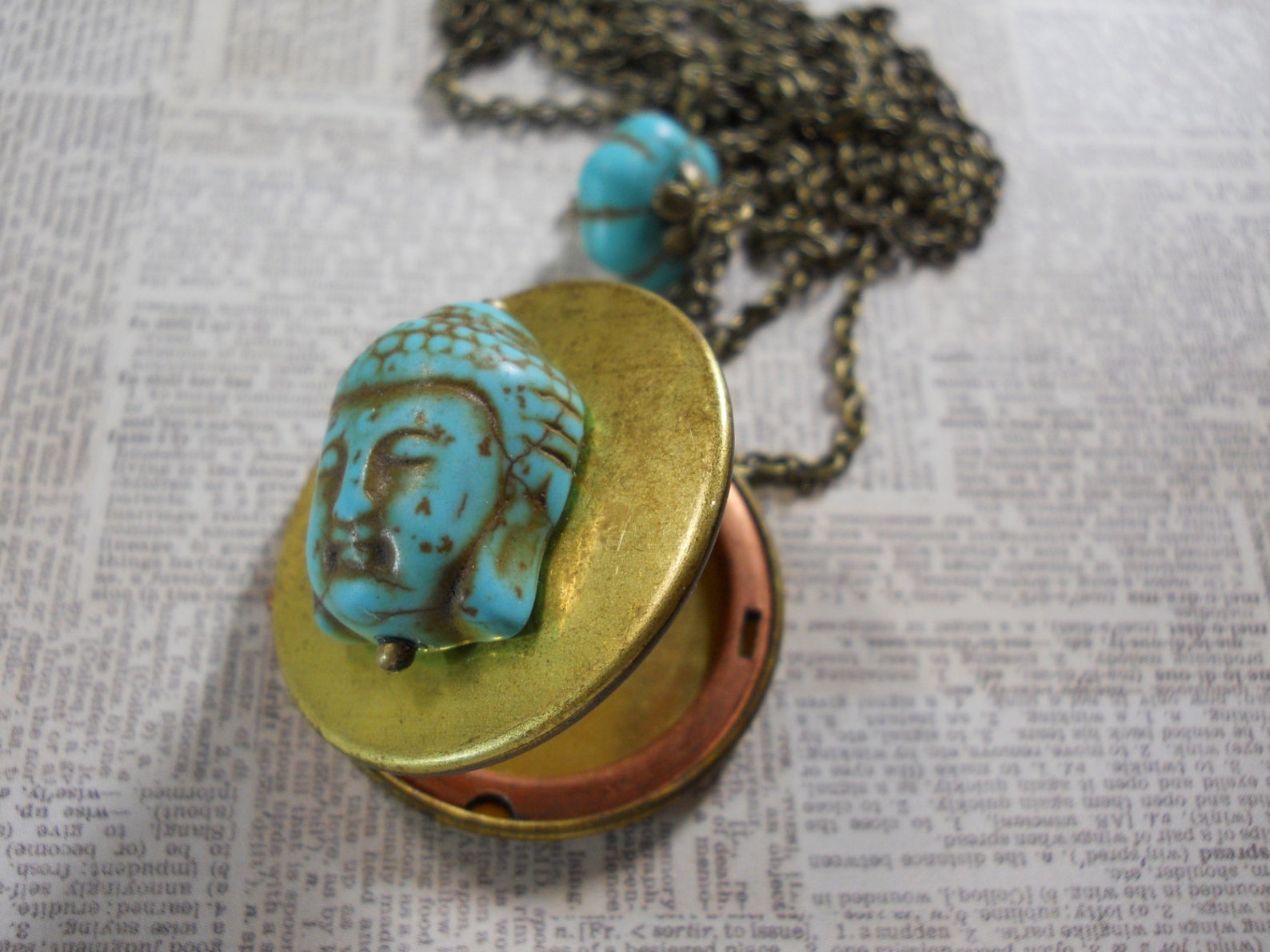 Buddha Locket Vintage Brass Locket With Stone Buddha Bead Long Etsy