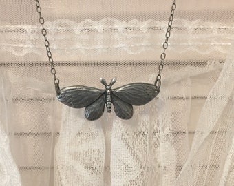 Pewter Moth Necklace Reversible Nature Jewelry Green Girl Studios Pendant on Detailed Chain