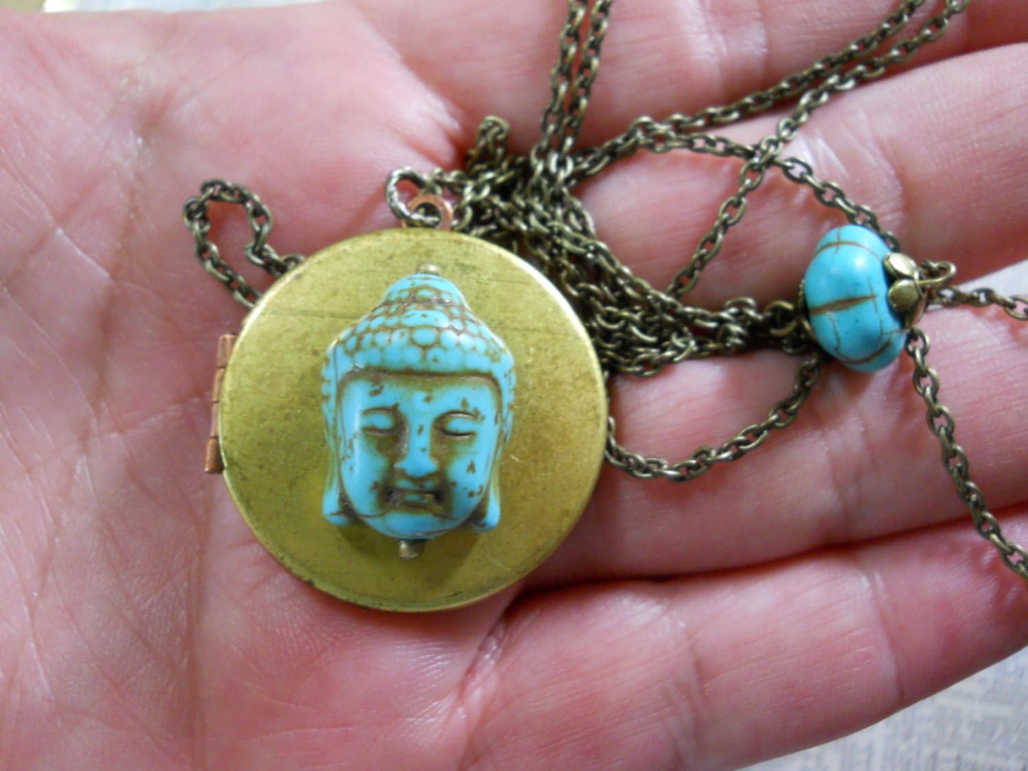 Buddha Locket Vintage Brass Locket With Stone Buddha Bead Long Etsy