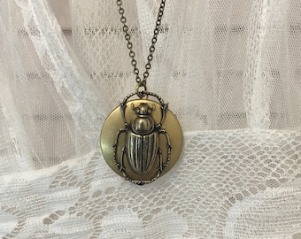 Large Vintage Locket Big Scarab Beetle Brass Boho on 1970's era Authentic Vintage Photo Locket Top Latch Entomology Gift Egyptian Style