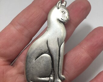 Large Silver Cat Pin or Brooch Metal Stamping with Rolling Clasp Pin Back Gift for Feline Lover