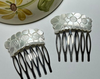 Vintage Carved Shell Flowers on Silver Metal Combs Handmade One of a Kind Hair Accessory