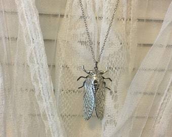 Hidden Locket Necklace CICADA Large Secret Compartment Bug Entomology Beetle Winged Insect SILVER Bug Locket Unique