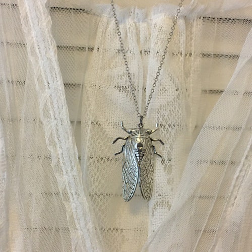 Silver Cicada Locket Necklace: Hidden Compartment Bug Pendant