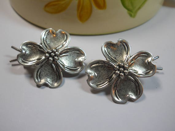 Dogwood Barrettes Small Silver Solid Metal Hair C… - image 1