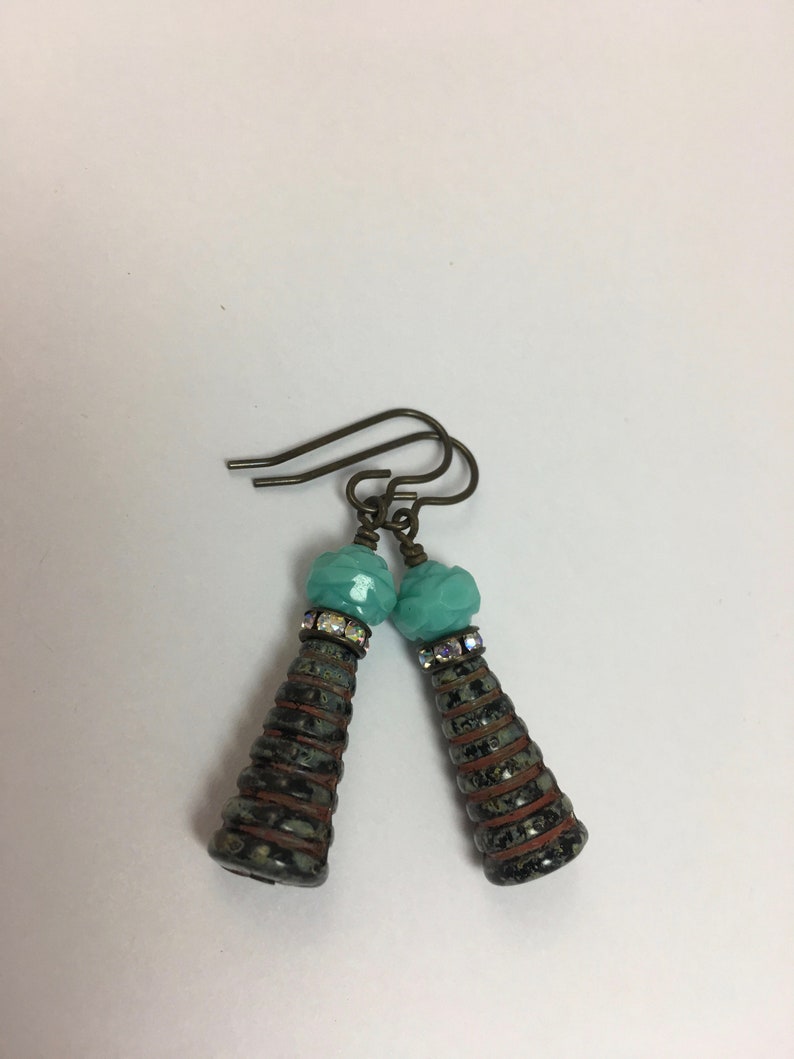 Czech Glass Bead Earrings Molded Glass Beads Rhinestone Spacer Dangle Drop Artisan Handmade Jewelry Boho