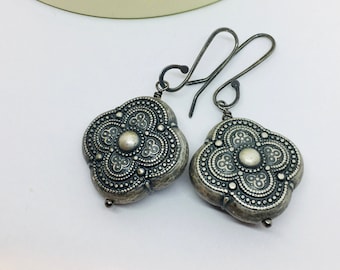 Dark Silver Quatrefoil Dangle Earrings: Ornate Sterling Silver Ear Wires