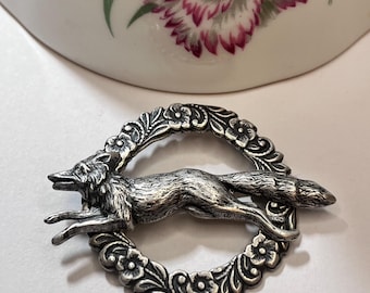 Silver or Brass Running Fox Brooch: Floral Wreath Lapel Pin