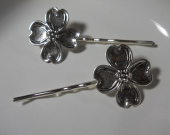 Silver Metal Dogwood Flower Charms Garden Foliage Hair Pins Clips Bobby Pins Gardeners Gift Nature Organic