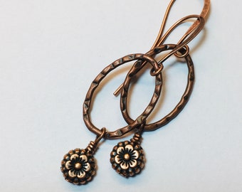 Artisan Copper Handmade Earrings Dangle Oval Hoops Flower Beads Long Boho Jewelry