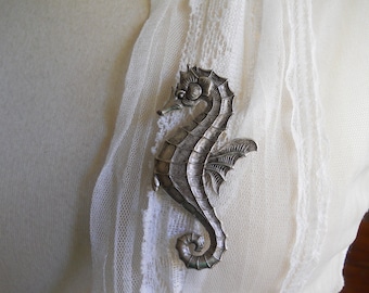 Extra Large Pin Brooch Silver Sea Horse Seahorse Nautical Beach Ocean Sea Vacation Cruise Jewelry Large Sea Life Statement Scarf Pin