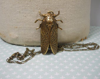 Hidden Locket Necklace CICADA Large Secret Compartment Bug Entomology Beetle Winged Insect Golden Brass Bug Locket Unique