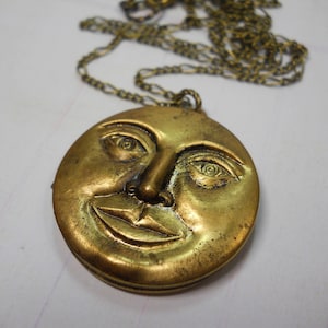 Solid Brass Locket with Moon Face Man in the Moon Charm with Figaro Chain Handmade Locket Artisan Celestial Planetary