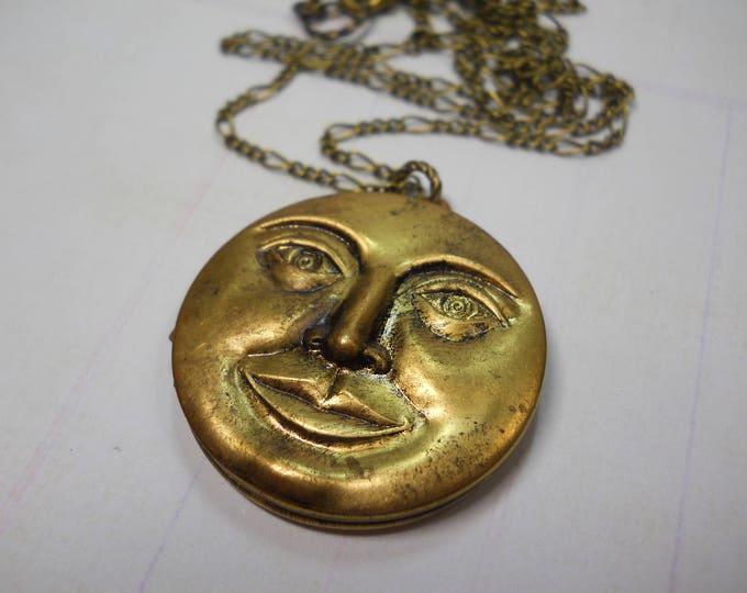 Vintage Brass Locket Necklace: Man in the Moon Face Charm